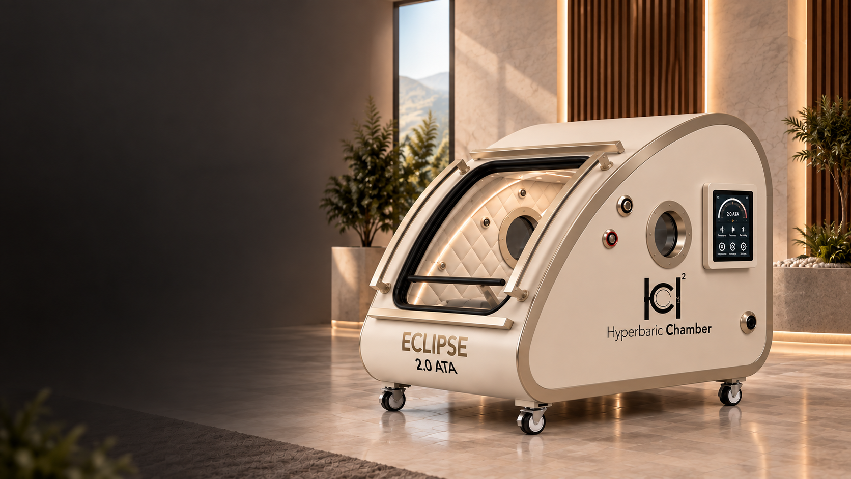 Champagne Eclipse 2.0 ATA seated hyperbaric chamber in an architectural interior