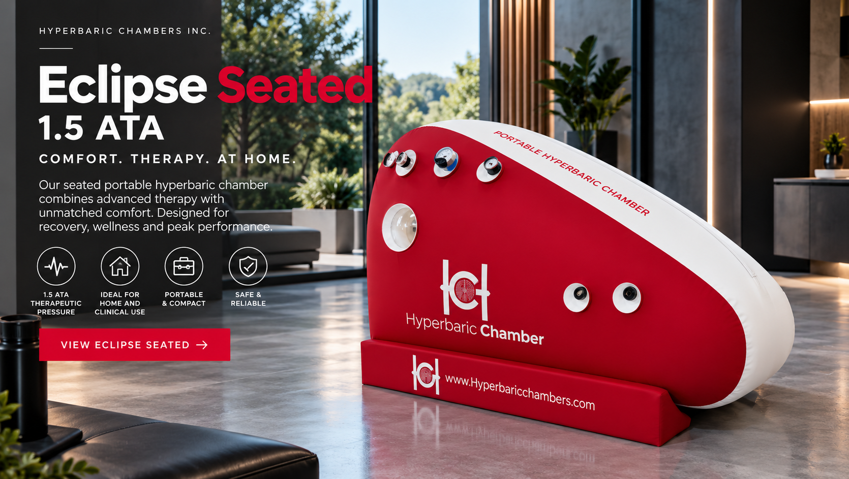Eclipse Seated 1.5 ATA red and white hyperbaric chamber in a home setting