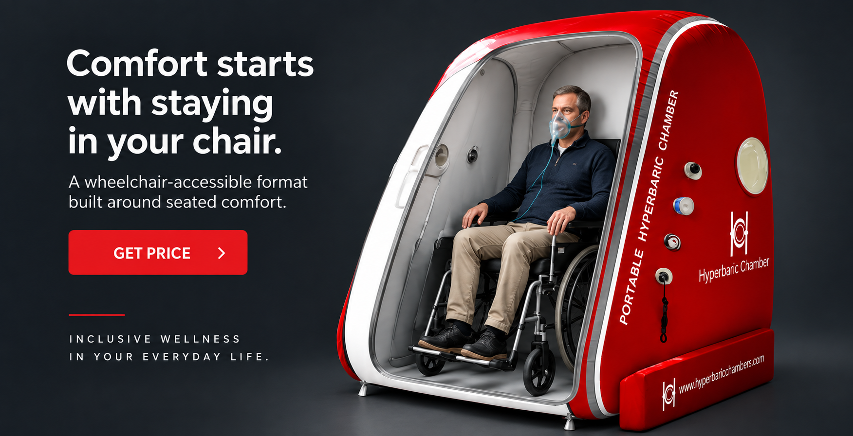 Cutaway view of a man wearing an oxygen mask in his wheelchair inside the chamber.