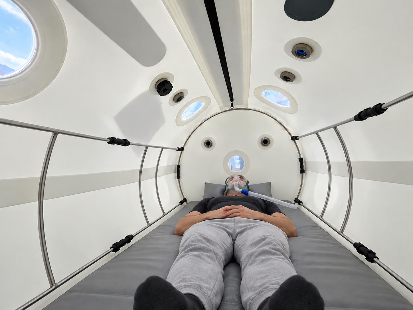 Interior of the iRestore hyperbaric chamber with user wearing an oxygen mask